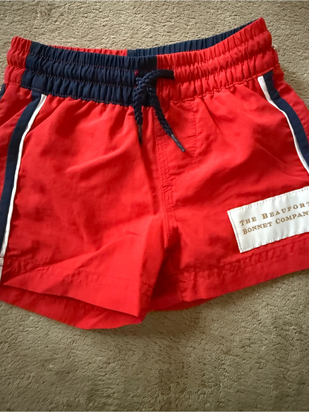 The Beaufort Bonnet Company Red Swim Shorts with Navy Waistband